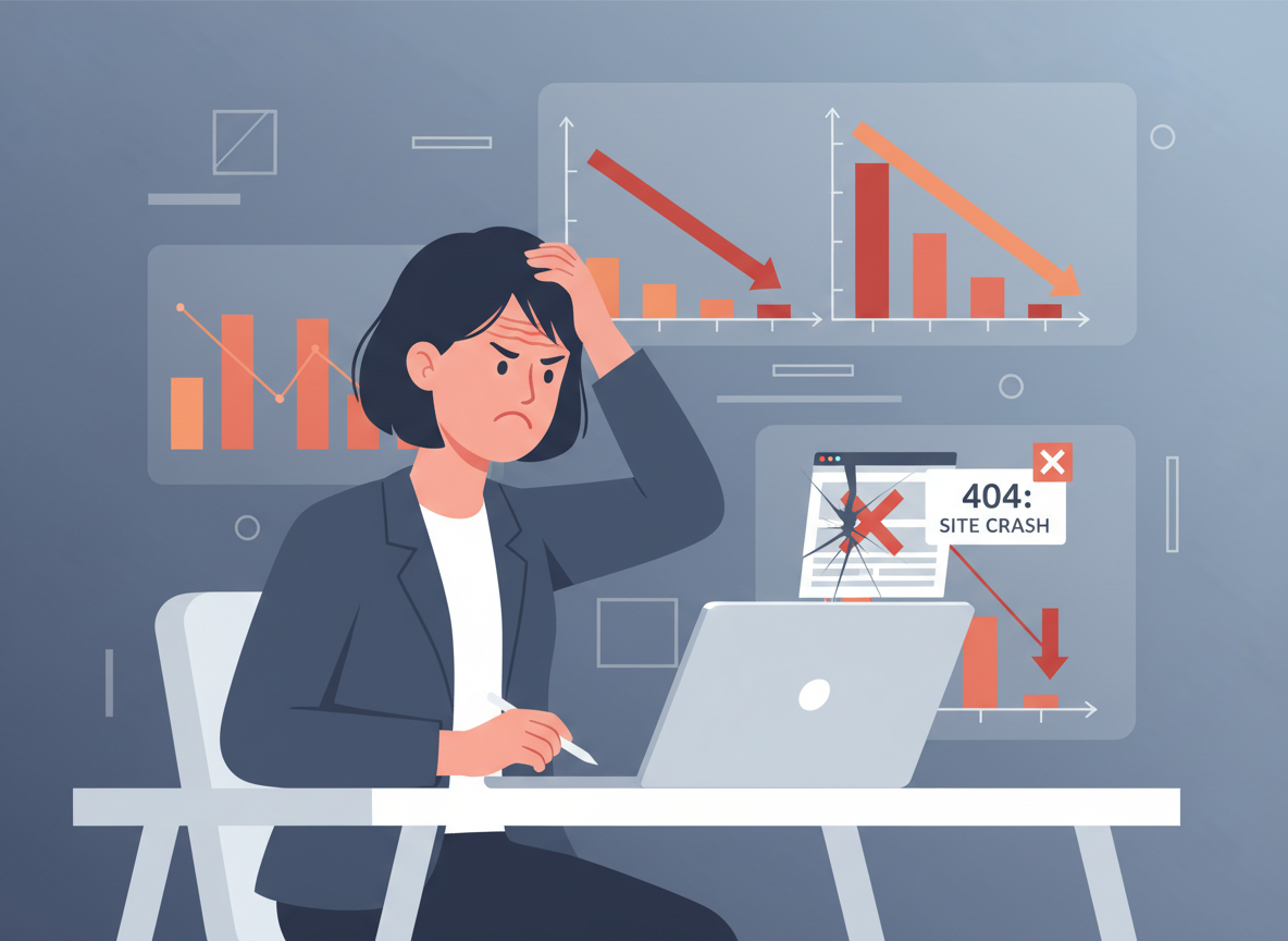 A frustrated small business owner sitting at a desk, looking at a laptop screen showing a broken or underperforming website, with charts trending downward in the background, in a clean modern flat illustration style that fits a professional marketing website.